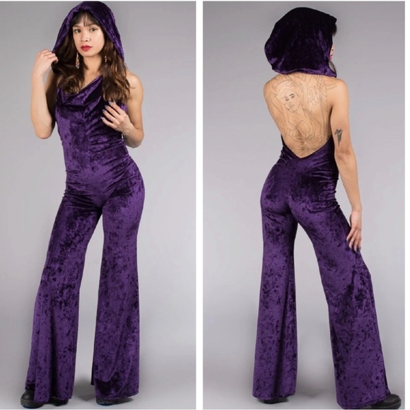 Warrior Within Velvet Mystique Hooded Jumpsuit purple Sz XS NEW catsuit flared - Picture 1 of 12